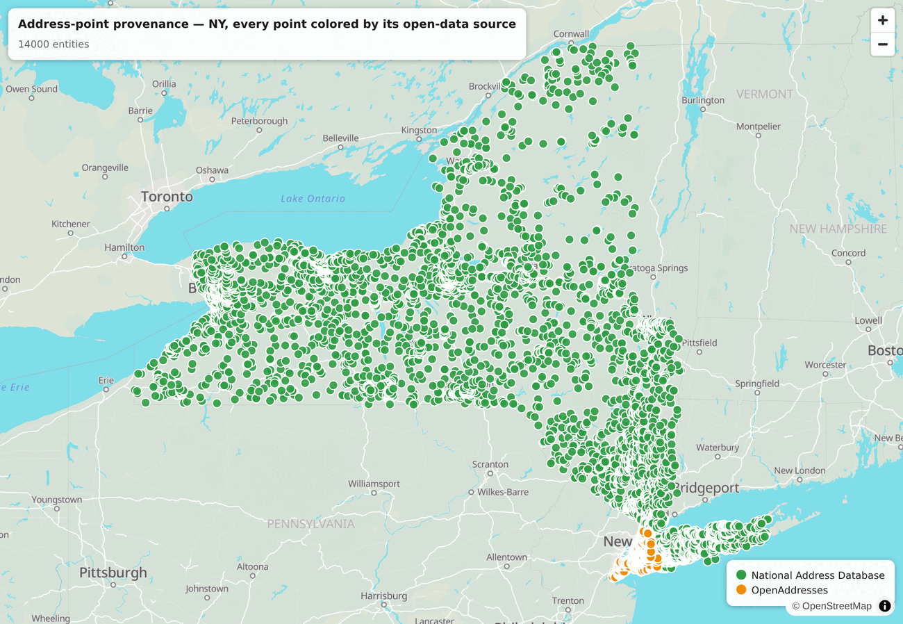 Address points across New York, each colored by its source dataset: green for the federal National Address Database statewide, orange for OpenAddresses (the city's own NYC Open Data) concentrated in New York City.